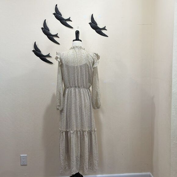 OPT Floral Tiered Ruffle Midi Dress Neutral Gold Prairie BOHO Floral, Size M - Picture 3 of 10